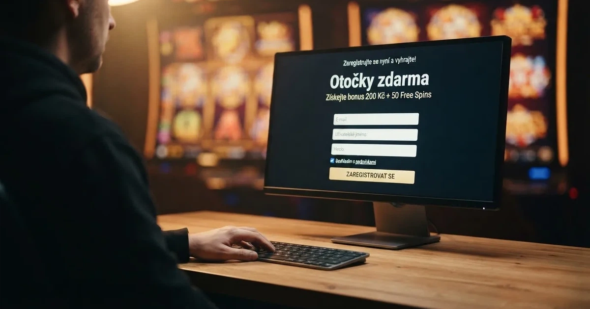 Registrační formulář na monitoru s pozadím válců výherního automatu a nápisem „Otočky zdarma“