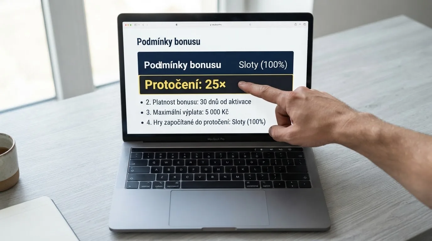 Detailní záběr na obrazovku s podmínkami bonusu — zvýrazněné řádky o protočení, platnosti a maximální výhře.
