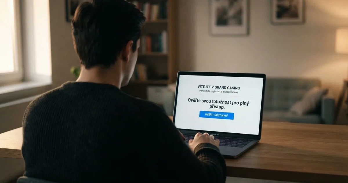 Registrační formulář českého online kasina s otevřenou stránkou Bank iD na obrazovce notebooku