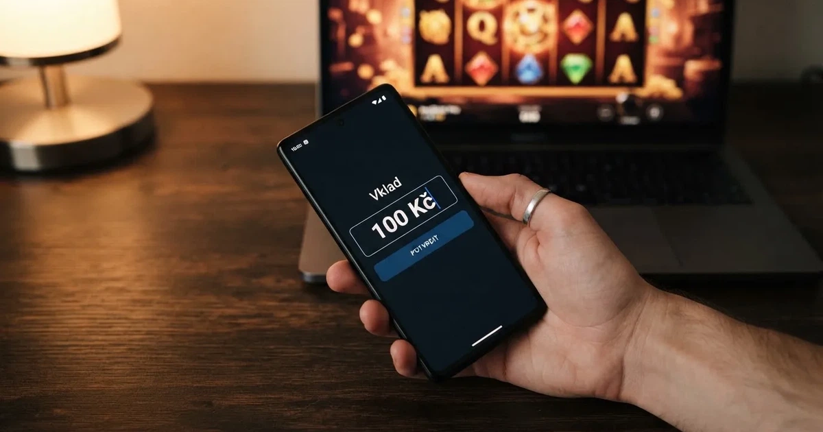 Hráč zadává na mobilu částku 100 Kč do pole pro vklad v online casinu, na pozadí je vidět nabídka automatů