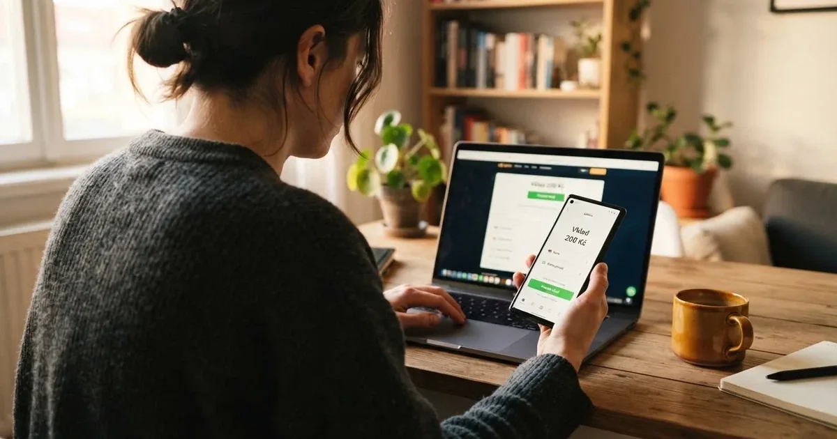Hráč u notebooku s mobilním telefonem v ruce, na obrazovce je vidět web českého online casina s tlačítkem Vklad a částkou 200 Kč