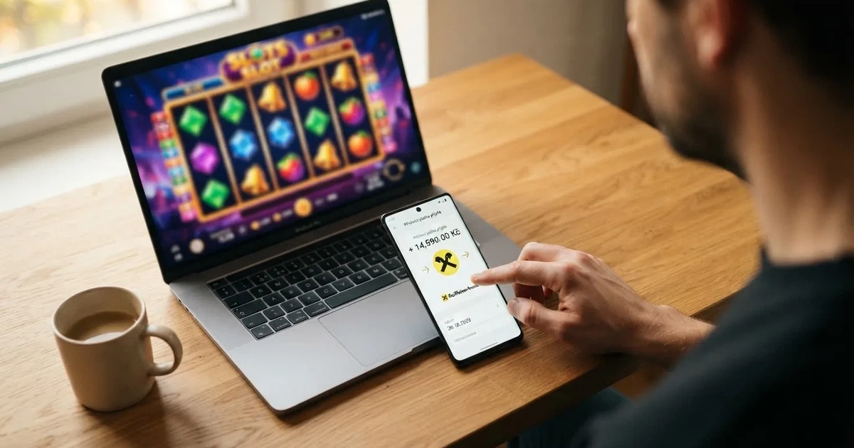 Hráč u počítače kontrolující příchozí platbu na mobilním bankovnictví