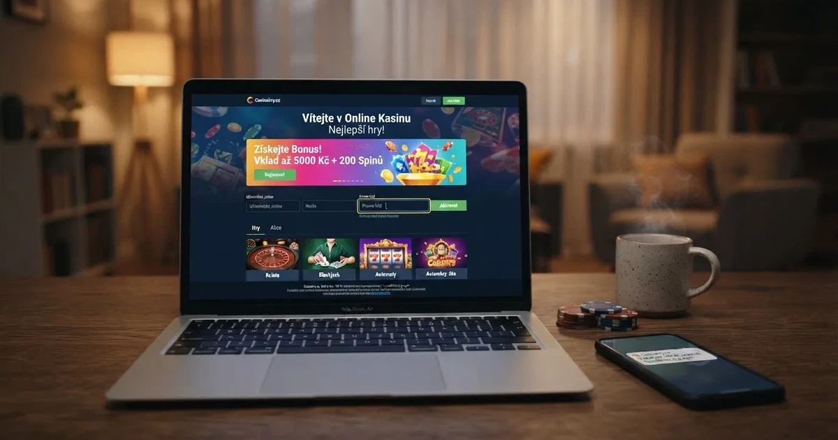 Ilustrace online casina s výrazným polem pro zadání promo kódu, vedle něj zvýrazněná nabídka bonusu pro registrované hráče
