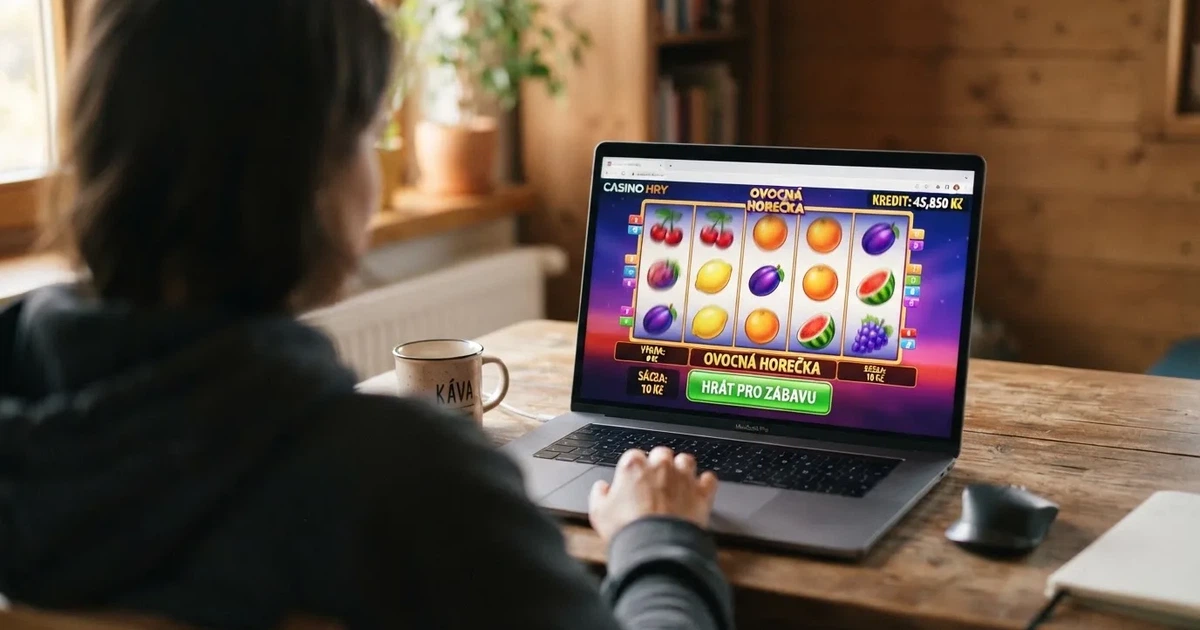 Rozhraní demo režimu online automatu v prohlížeči na notebooku — tlačítko „Hrát pro zábavu“ a virtuální kredit na obrazovce