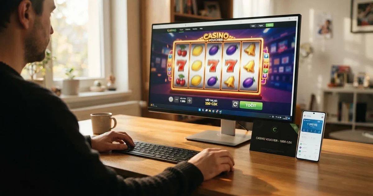 Rozhraní online automatu na monitoru s platební kartou paysafecard a mobilem zobrazujícím herní účet