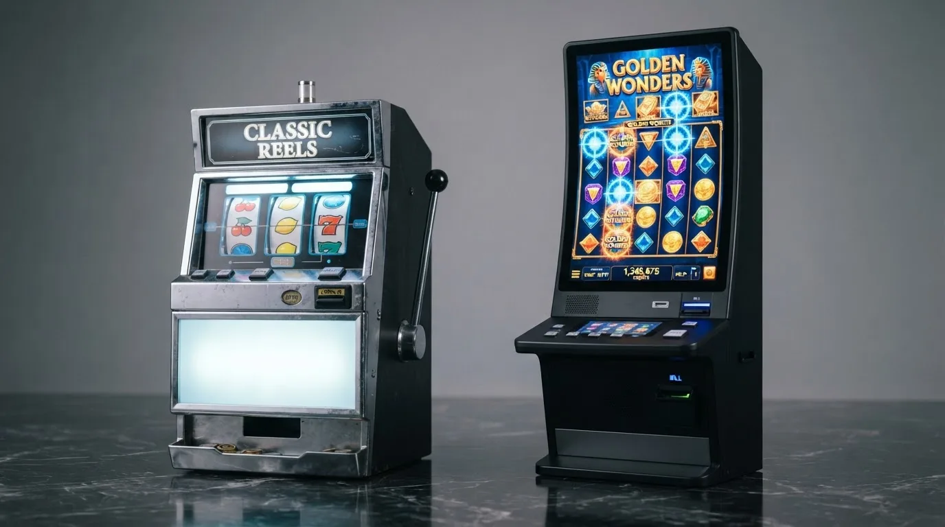 Tříválcový ovocný automat a moderní pětiválcový video slot vedle sebe