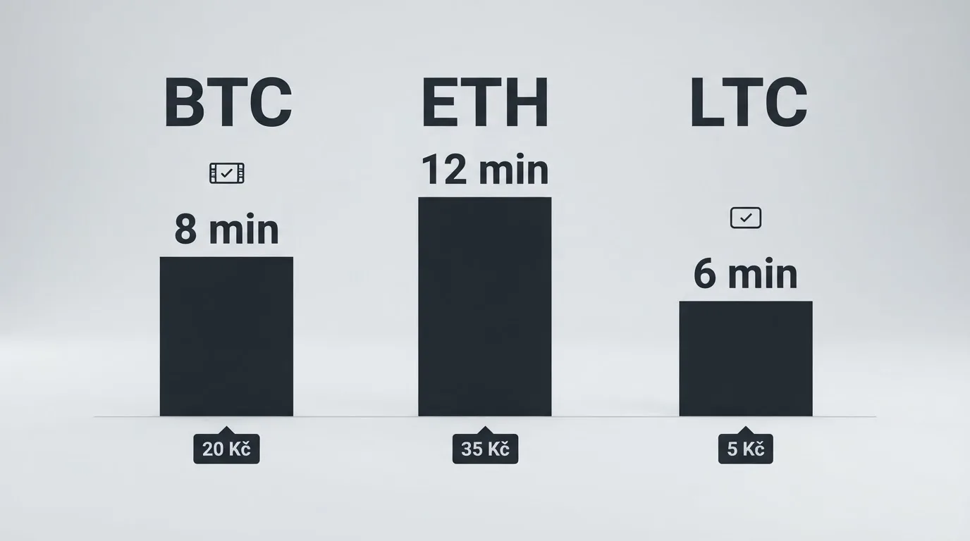 Infografika srovnávající tři kryptoměnové transakce — BTC (8 minut), ETH (12 minut) a LTC (6 minut) — s vyznačenými poplatky a počtem síťových potvrzení
