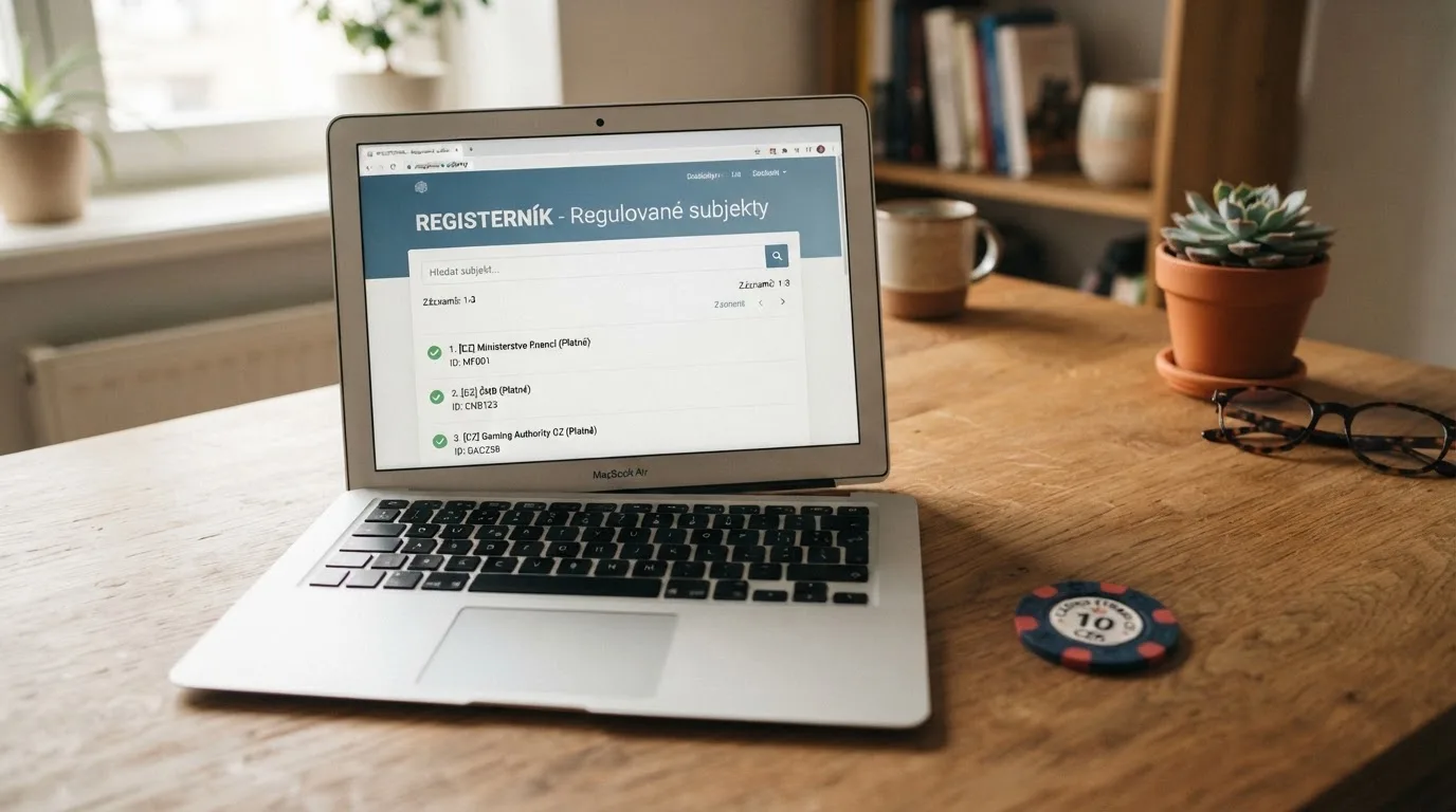 Úřední dokument s razítkem Ministerstva financí ČR vedle monitoru s otevřenou stránkou online casina