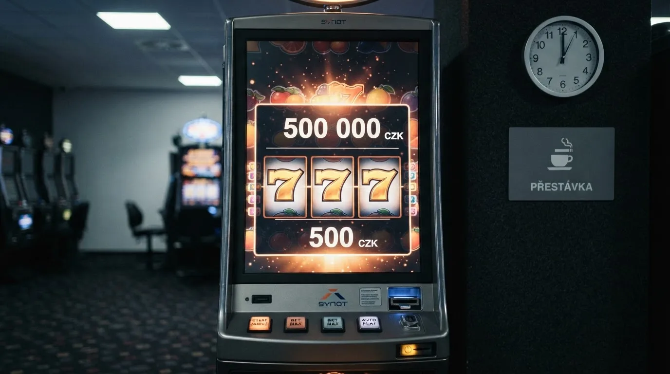 Detail výherního automatu s digitálním displejem zvýrazňujícím hodnoty 500 Kč (max. sázka) a 500 000 Kč (max. výhra), vedle hodiny ukazující 2 sekundy a symbol přestávky