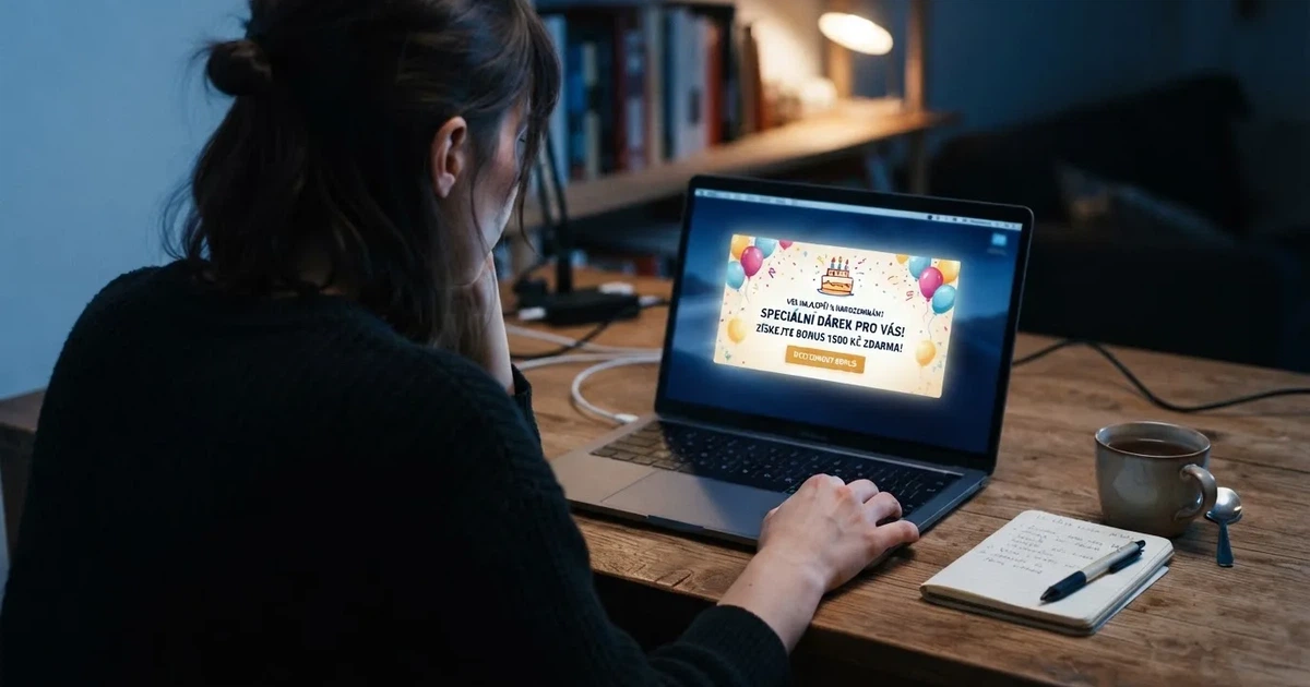 Hráč u notebooku si prohlíží notifikaci s narozeninovým bonusem v online casinu