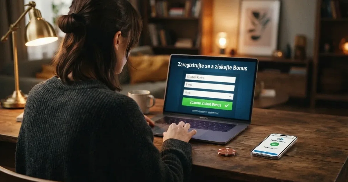 Přehledová ilustrace podmínek bonusu bez vkladu — registrační formulář, Bank iD a symbolika „zdarma“ s výhradami