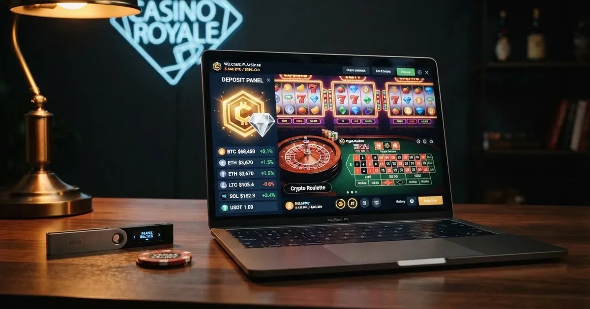 Rozhraní krypto kasina s viditelnou nabídkou her, kurzy kryptoměn a možností vkladu v BTC a ETH