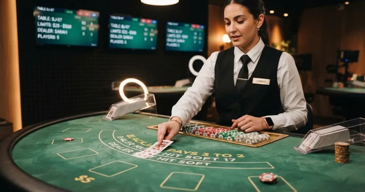 Živý krupiér v černé vestě rozdává karty u blackjackového stolu v osvětleném studiu s monitory ve pozadí