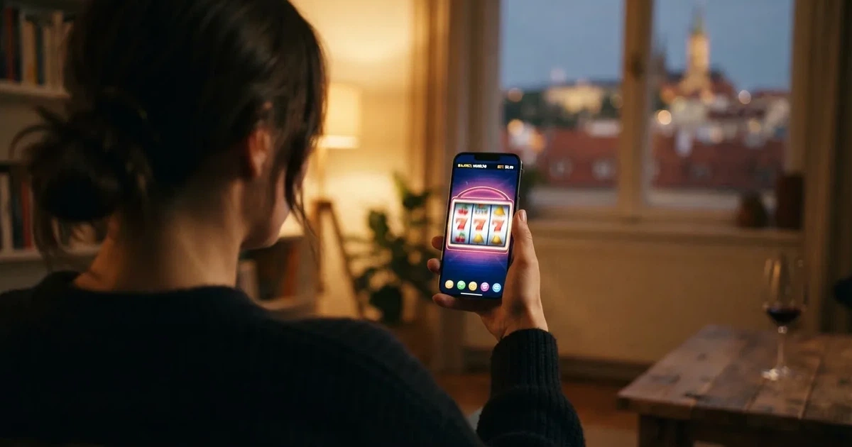 Hráč drží mobilní telefon s roztočeným výherním automatem na displeji, v pozadí české prostředí