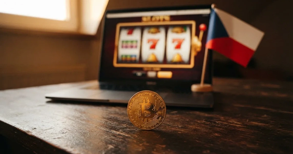 Bitcoinová mince na pozadí rozhraní online casina s vlajkou České republiky