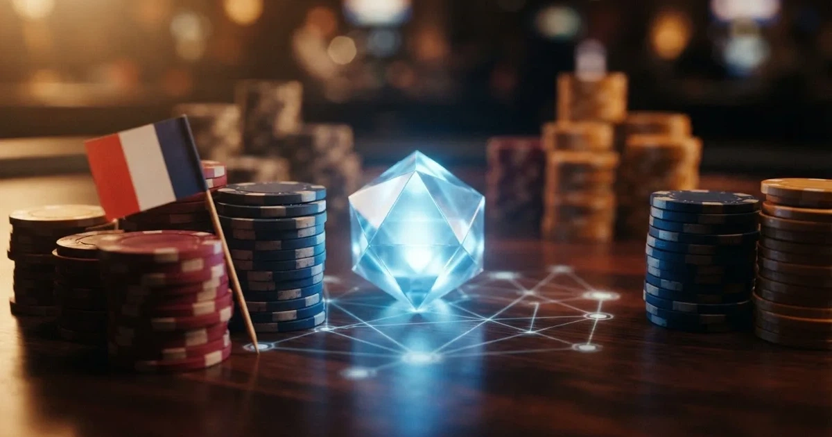 Ethereum logo a kasinové žetony na tmavém pozadí s modrou blockchain grafikou a českou vlajkou v rohu