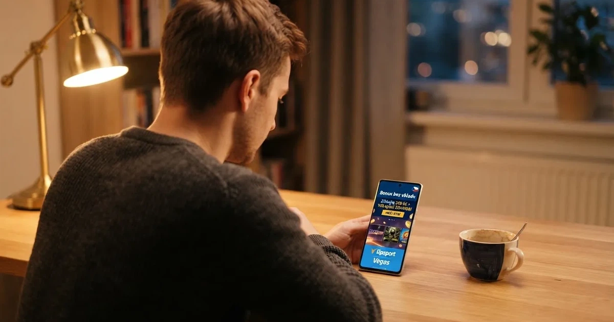 Hráč si na mobilu prohlíží uvítací nabídku online casina s nápisem „bonus bez vkladu“