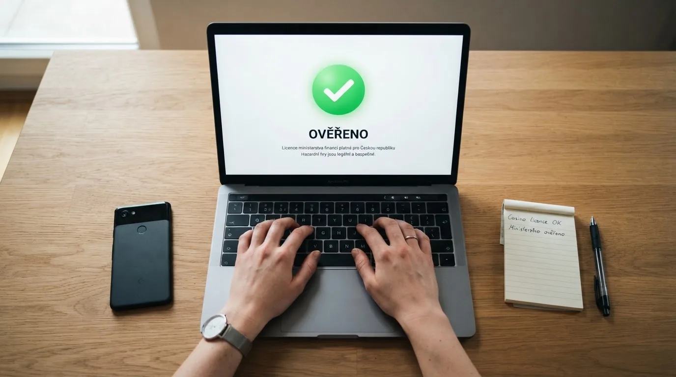 Detail úředního dokumentu s razítkem Ministerstva financí ČR a lupou — ověření licence online kasina