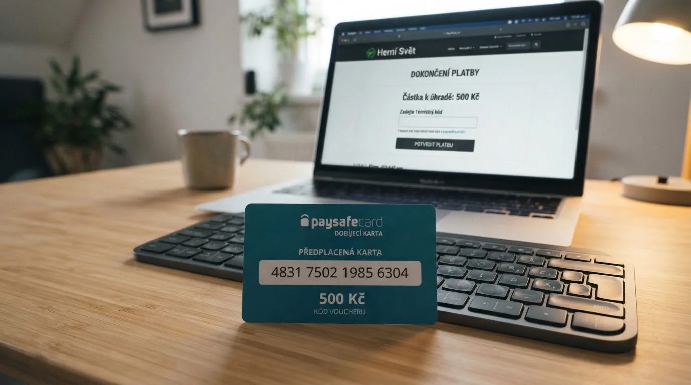 Paysafecard voucher s viditelným 16místným PIN kódem položený vedle klávesnice s otevřenou stránkou pokladny online casina