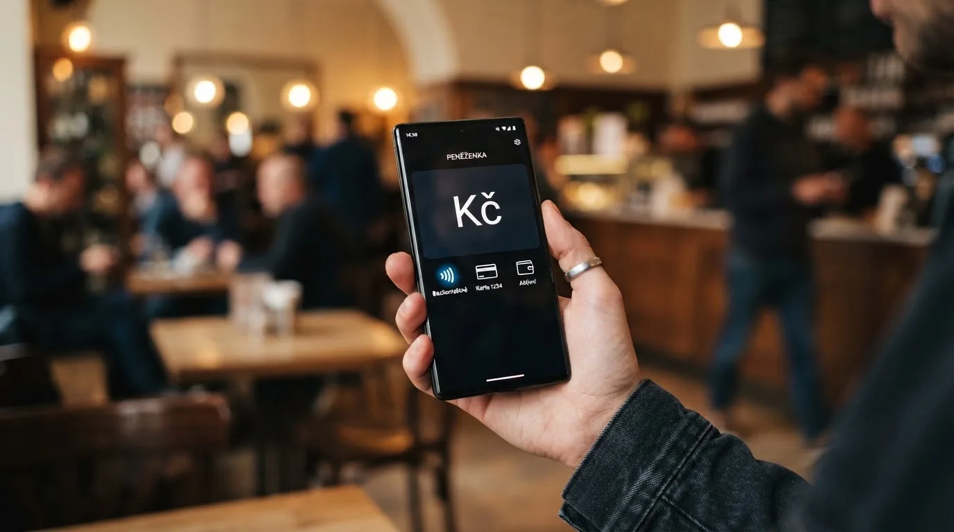 Mobilní telefon zobrazující platební terminál s ikonami Google Pay, Apple Pay a Skrill