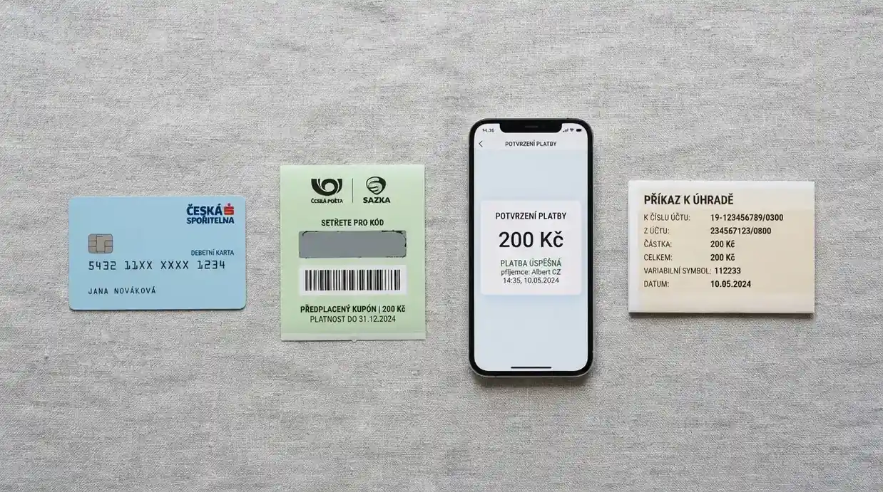 Přehledné zobrazení platebních metod pro vklad 200 Kč — platební karta, Paysafecard voucher, mobilní telefon a bankovní převod vedle sebe