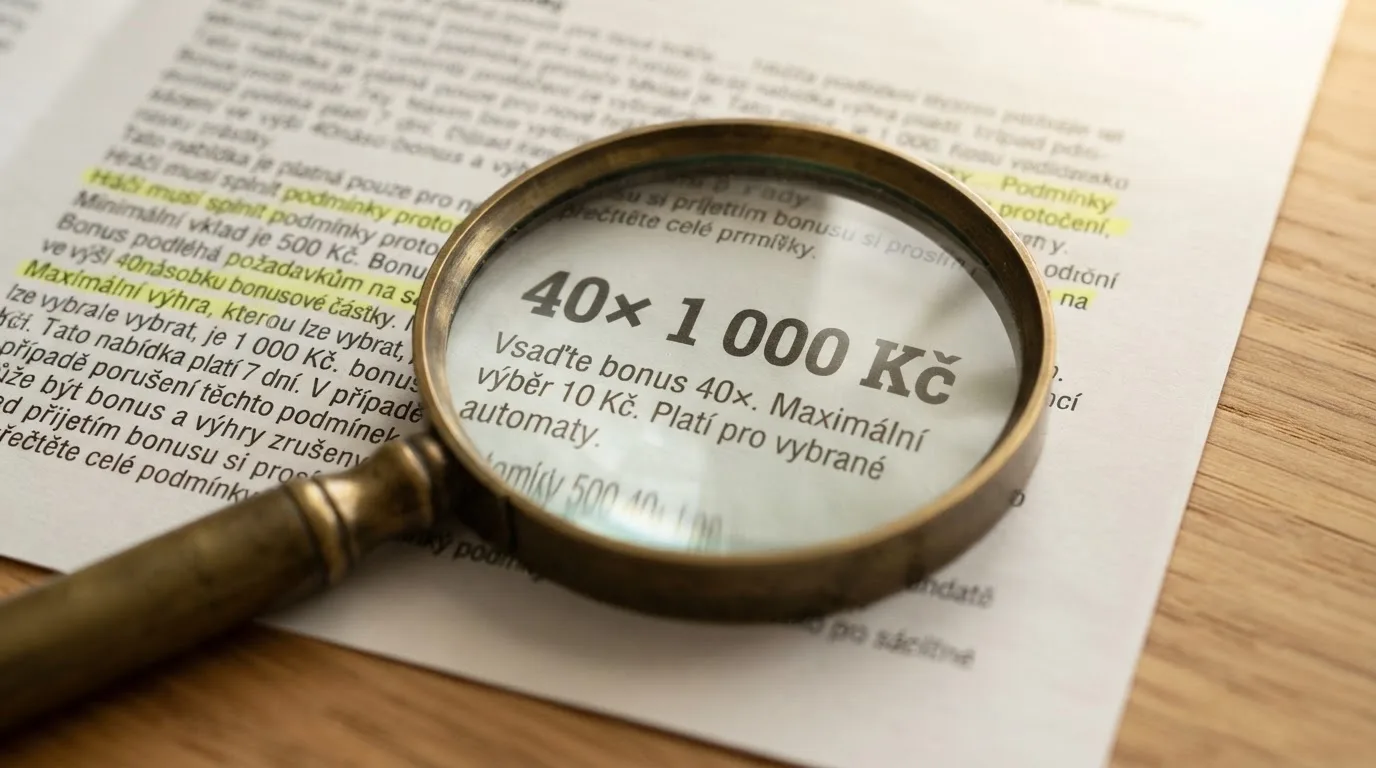 Detailní záběr na zvětšovací sklo nad vytištěnými podmínkami bonusu, v popředí zvýrazněná čísla 40× a 100 EUR