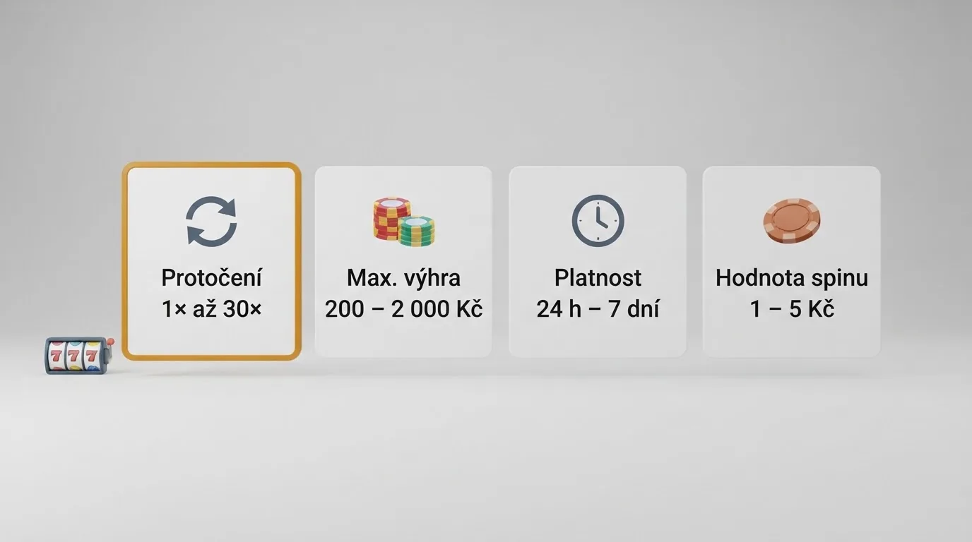 Diagram čtyř podmínek vedle volných otoček — protočení, maximální výhra, platnost, hodnota spinu — se zvýrazněnou položkou protočení