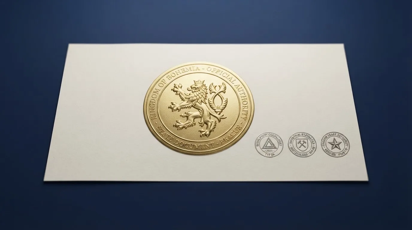 Úřední razítko Ministerstva financí ČR vedle tří pasových razítek s nápisy MGA, Curaçao a Gibraltar — vizuální kontrast mezi jedinou platnou autoritou a zbytkem
