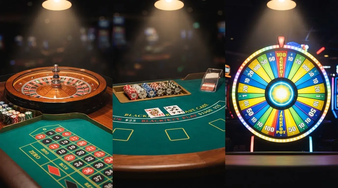 Rozložení rulety, blackjackového stolu a kola štěstí ve třech oddělených studiích