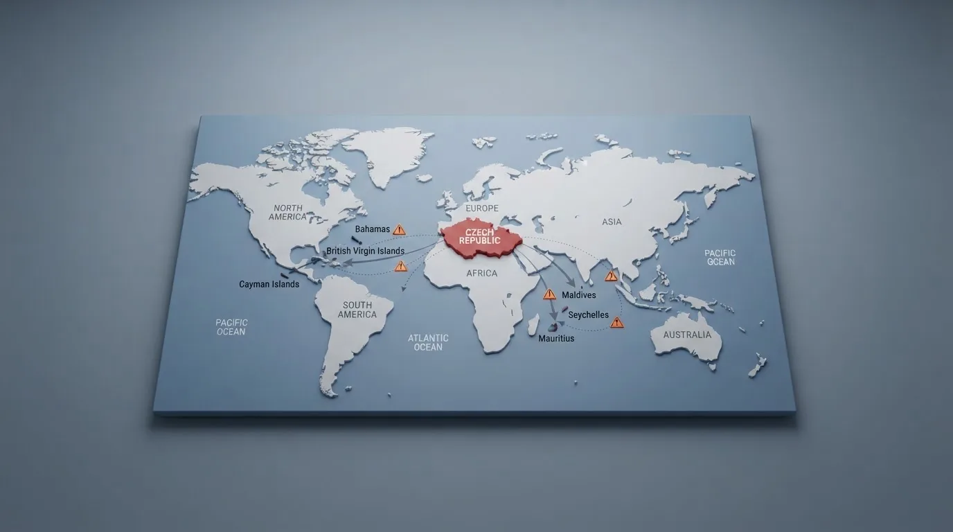 Mapa s vyznačenou Českou republikou a šipkami směřujícími k offshore licenčním jurisdikcím — Curaçao, Anjouan — s varovným symbolem u každé šipky