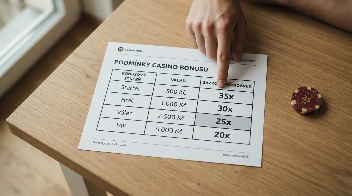 Detail podmínek registračního bonusu s vyznačeným sázkovým požadavkem, procenty započítávání her a datem platnosti