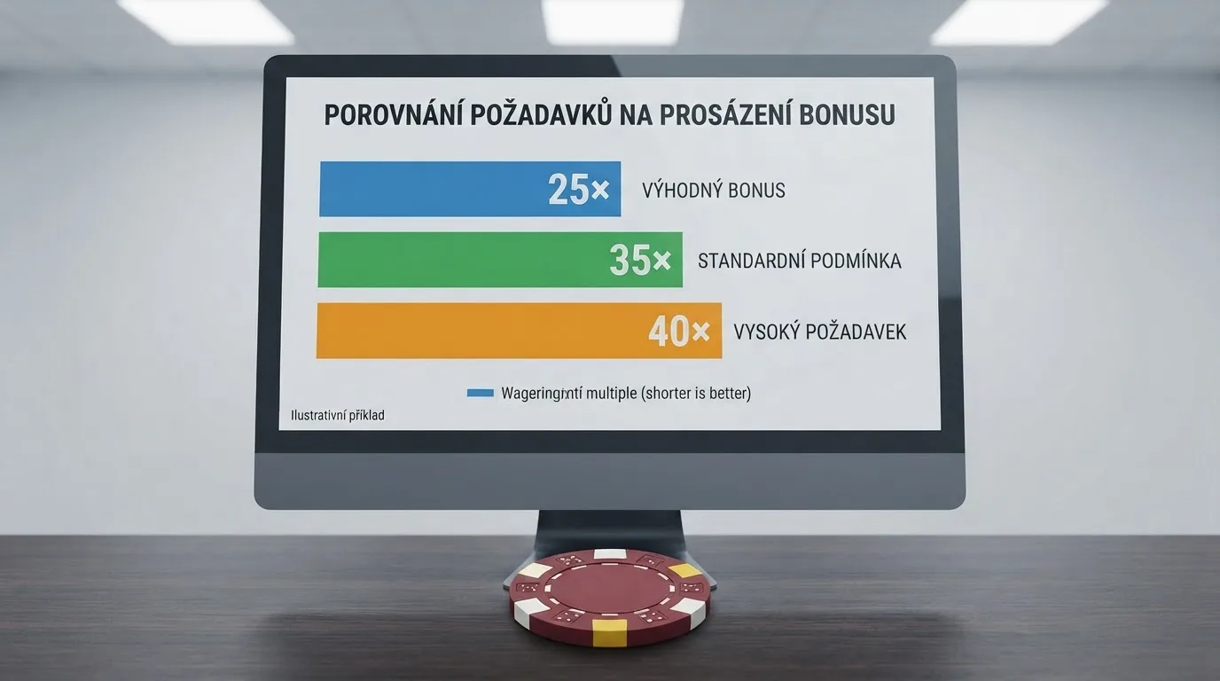 Srovnávací přehled uvítacích bonusů a podmínek českých online casin na monitoru, vedle něj leží stokoruna