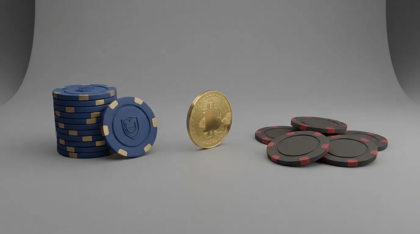 Dvě skupiny casino karet — vlevo česká licence, vpravo offshore — oddělené znakem bitcoinu