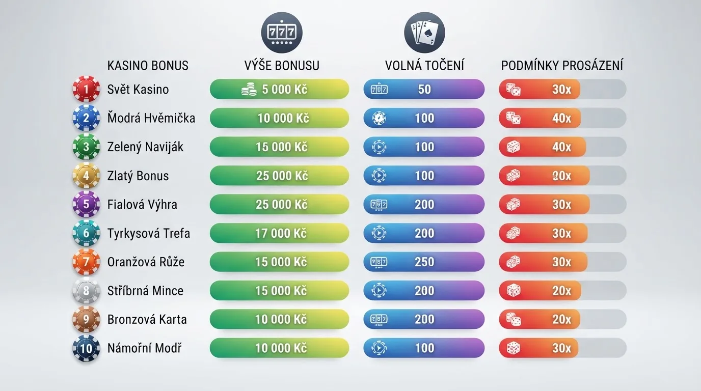 Srovnávací tabulka deseti online kasin s klíčovými údaji o bonusech, automatech a poskytovatelích