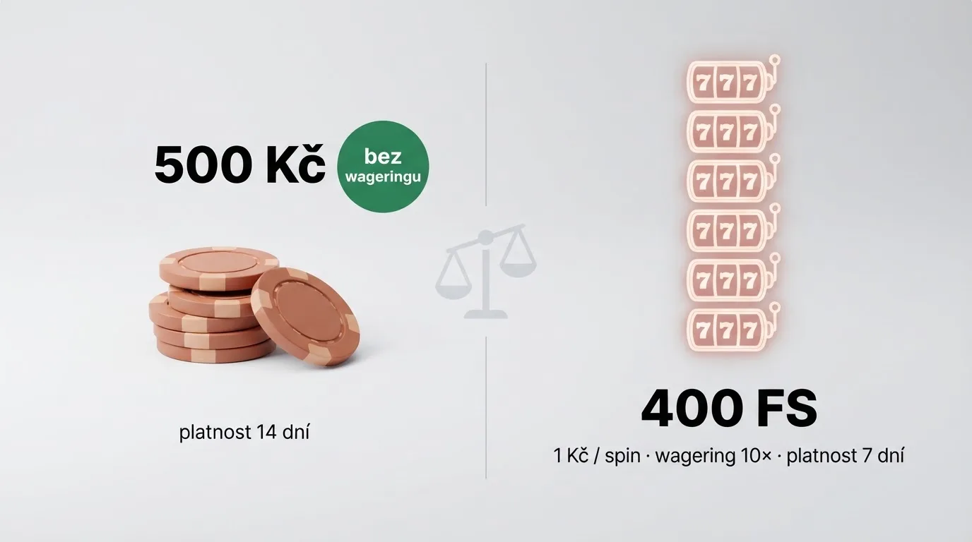 Přehledná infografika porovnávající dvě nabídky — nalevo malý cash bonus s odznakem „bez wageringu“, napravo velký počet free spinů s drobným písmem podmínek