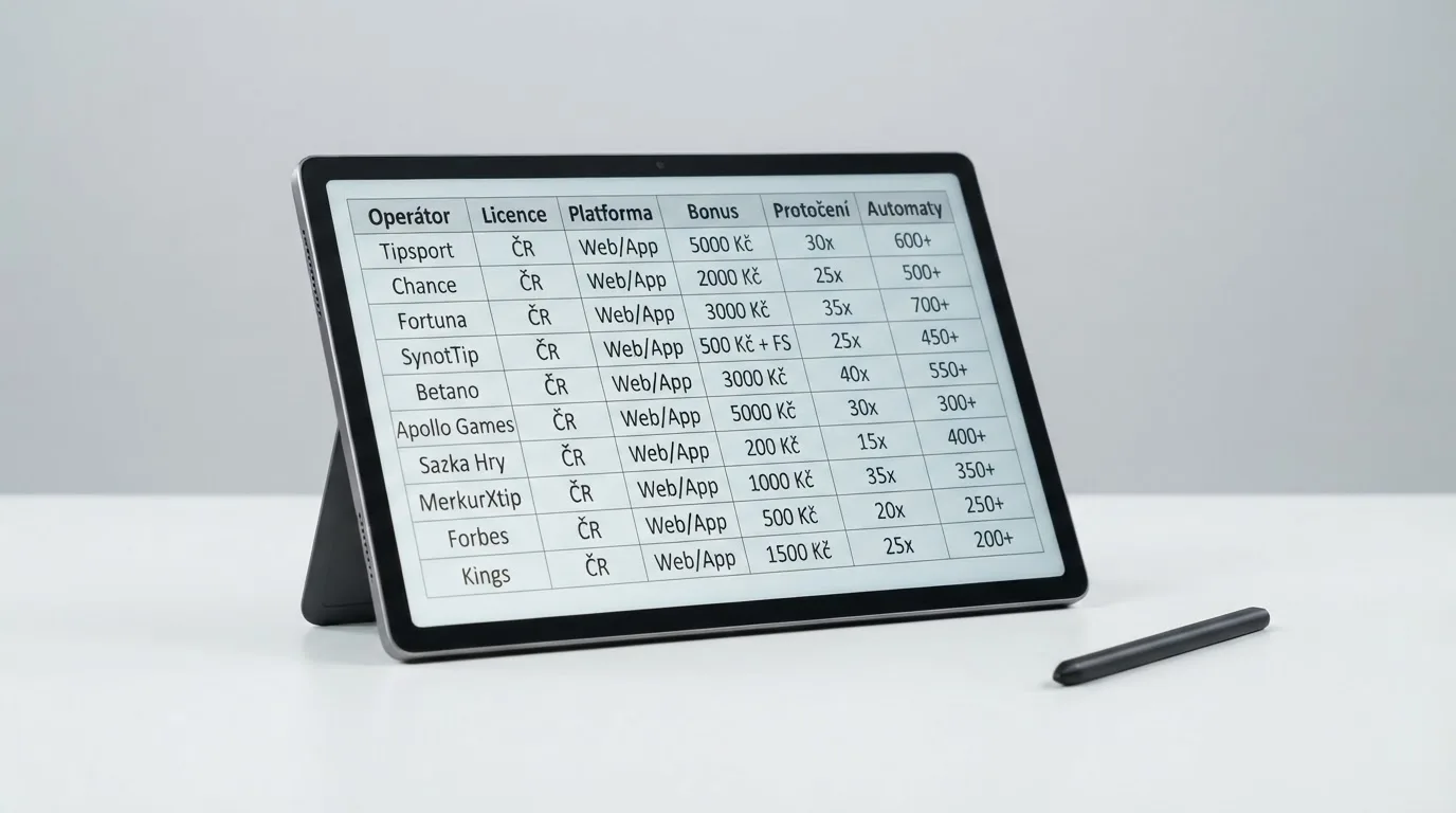 Přehledná tabulka na displeji notebooku nebo tabletu s logy porovnávaných kasin v řádcích