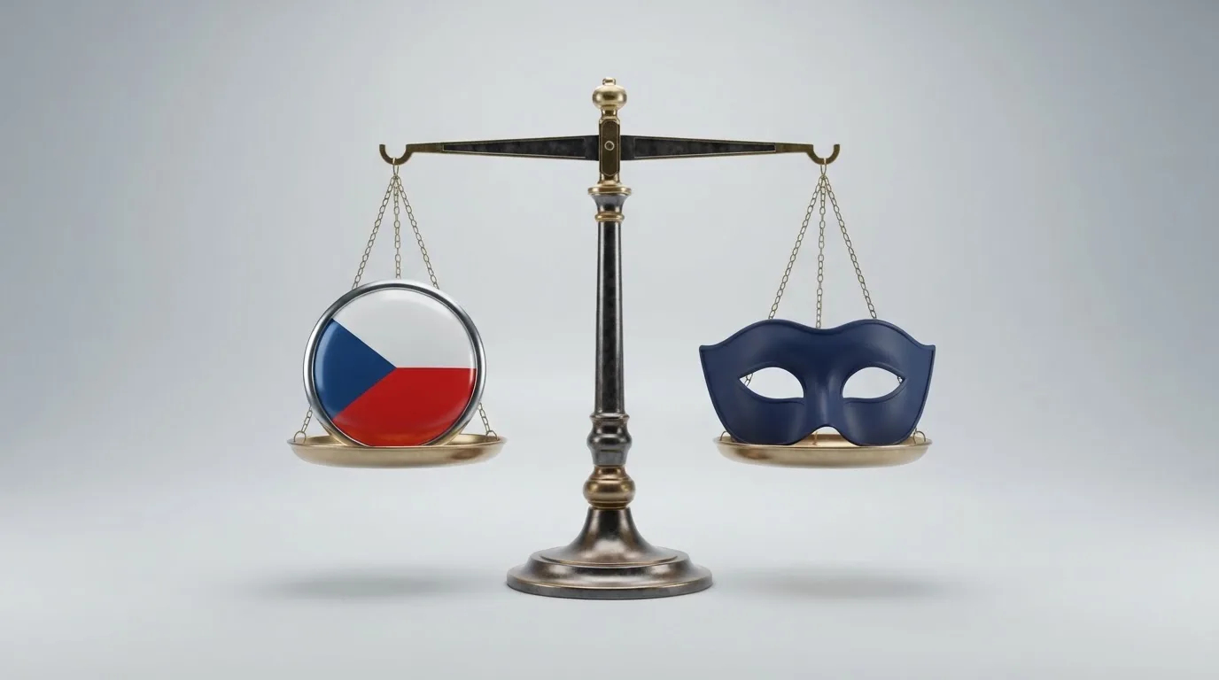 Váhy v rovnováze — na jedné misce symbol ochrany (štít s českou vlajkou), na druhé misce symbol anonymity (maska)