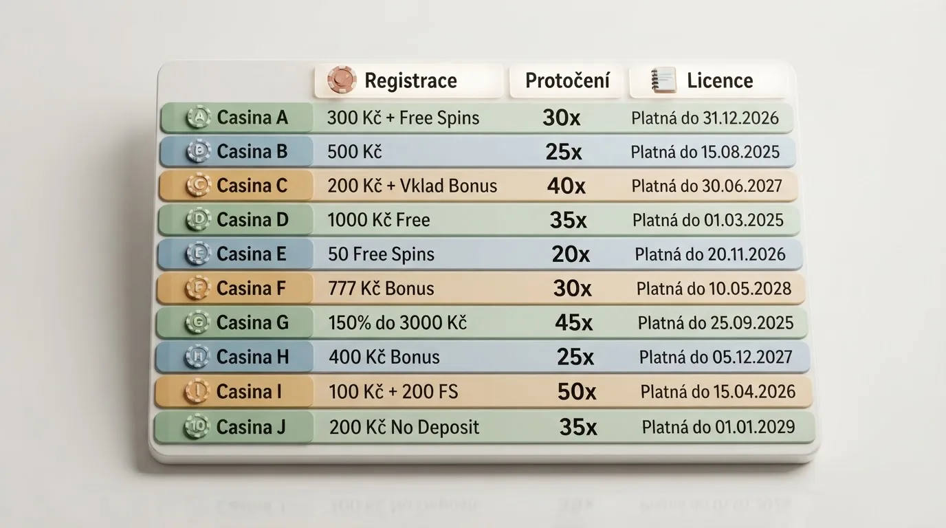 Tabulka s deseti řádky porovnávající kasina podle registračního bonusu, protočení a data vydání licence