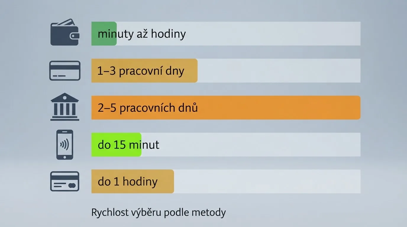 Infografika zobrazující pět ikon platebních metod (e-peněženka, karta, bankovní převod, NeteraPay, PayPal) s vyznačeným časem výplaty pod každou z nich