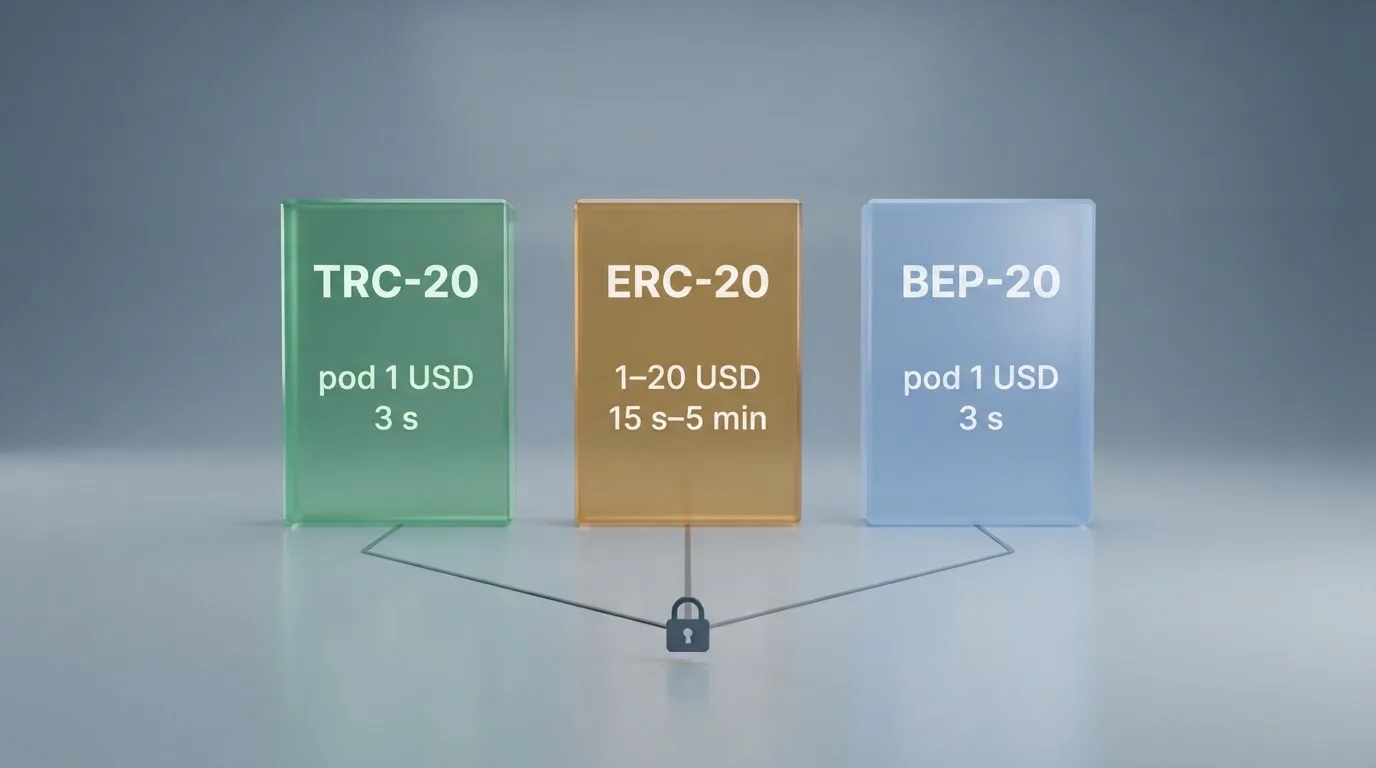 Tři bloky reprezentující blockchain sítě TRC-20, ERC-20 a BEP-20 s poplatky v dolarech a dobou potvrzení — TRC-20 pod 1 USD a 3 sekundy, ERC-20 1–20 USD a 15 sekund až 5 minut, BEP-20 pod 1 USD