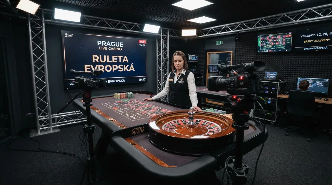Interiér živého studia Evolution Gaming v Praze s ruletovým stolem, krupiérem a kamerovým vybavením