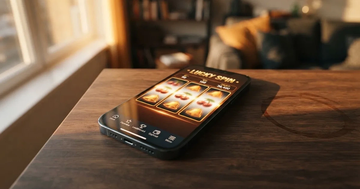 Mobilní telefon s rozhraním české casino aplikace, zobrazující výherní automaty a navigační menu