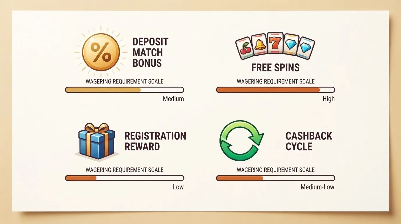 Infografika čtyř typů casino bonusů — vkladový match, free spiny, registrační odměna a cashback — s jejich typickými podmínkami protočení