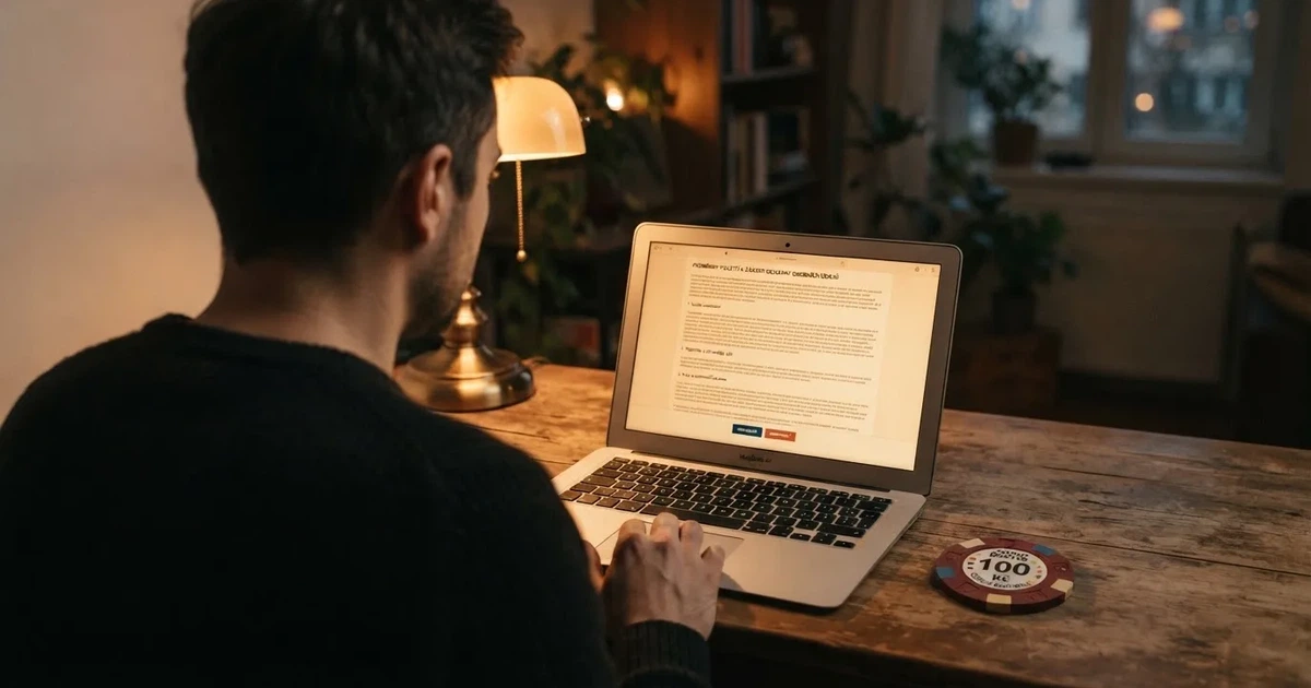 Hráč si prohlíží podmínky bonusu na obrazovce notebooku, vedle leží český občanský průkaz — scéna zachycuje okamžik rozhodování před registrací