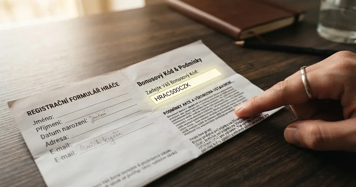 Rozložený registrační formulář casina s vyznačeným polem pro zadání bonusového kódu a podmínkami bonusu drobným písmem pod ním