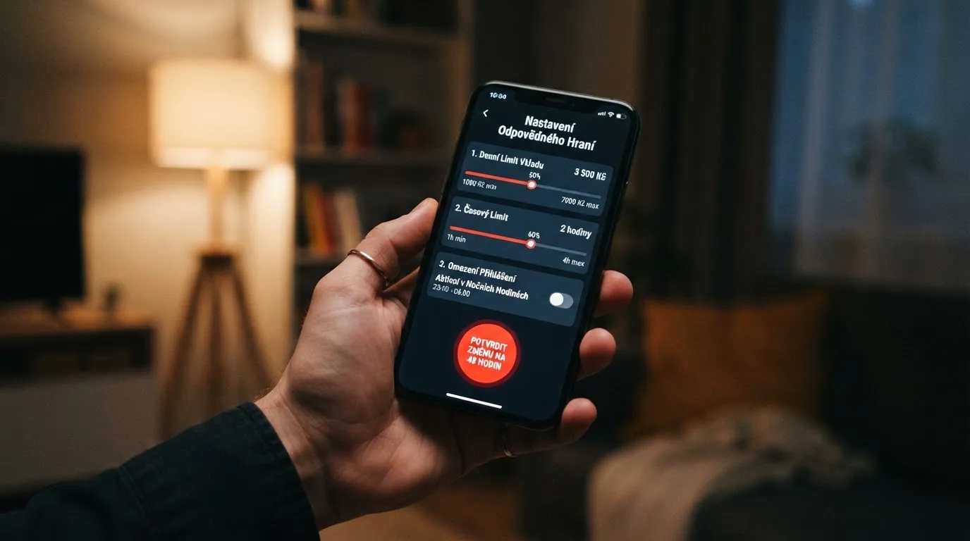 Mobilní telefon zobrazující obrazovku nastavení herních limitů s posuvníky pro vklad, čas a přihlášení