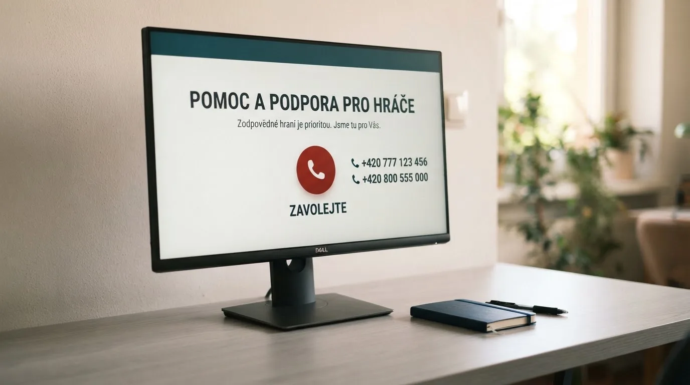 Rozcestník českých pomocných linek a nástrojů — telefonní čísla, portál zodpovednehrani.cz a tlačítko panic button na monitoru